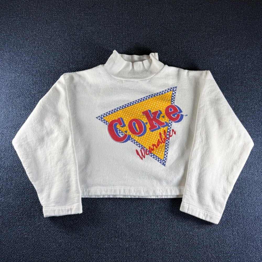 Vintage Coke Wearables White Mock Neck Sweatshirt Retro 90s Graphic Cropped Boxy